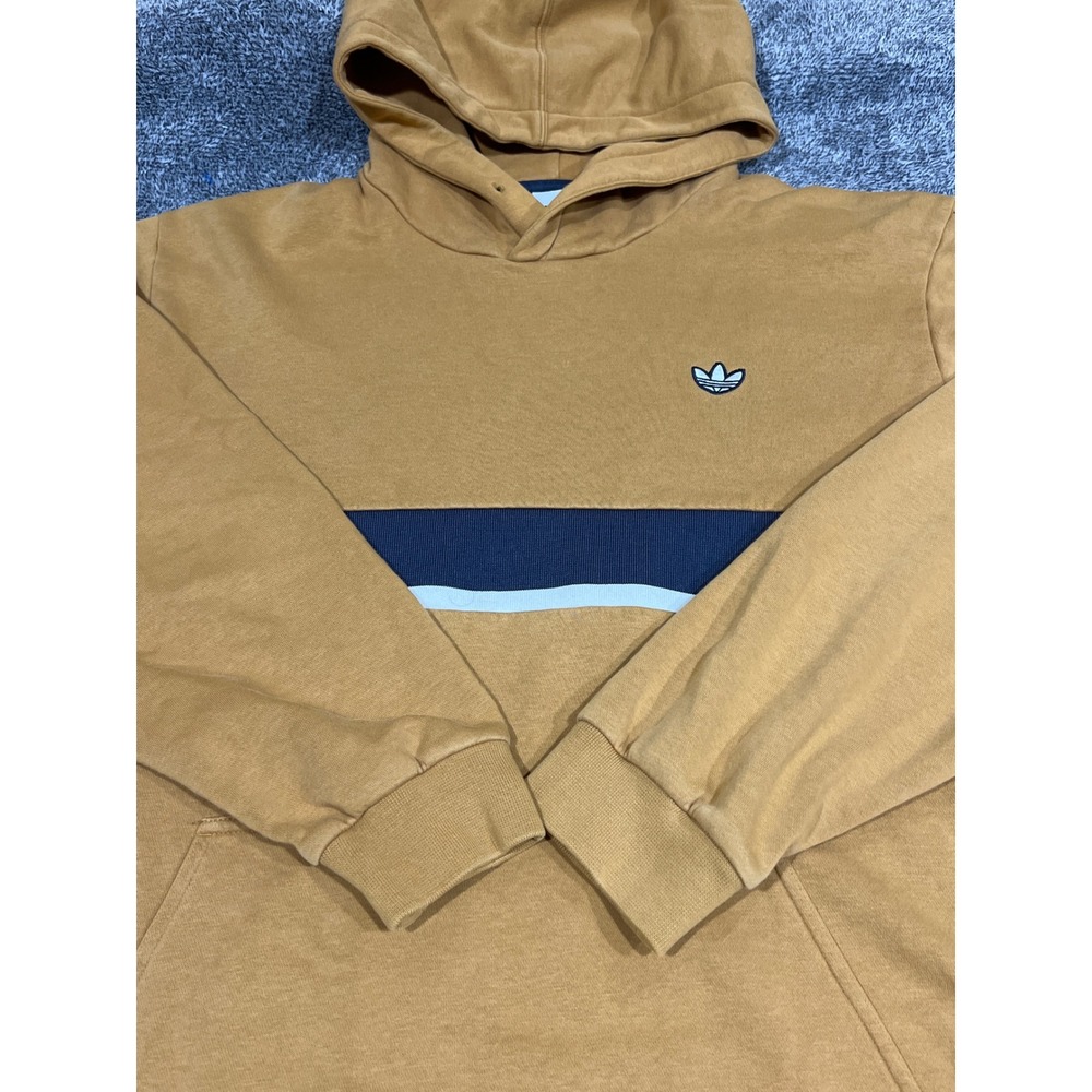 Adidas Originals Mens XL Hoodie Mustard Yellow Navy Stripe Trefoil Pullover